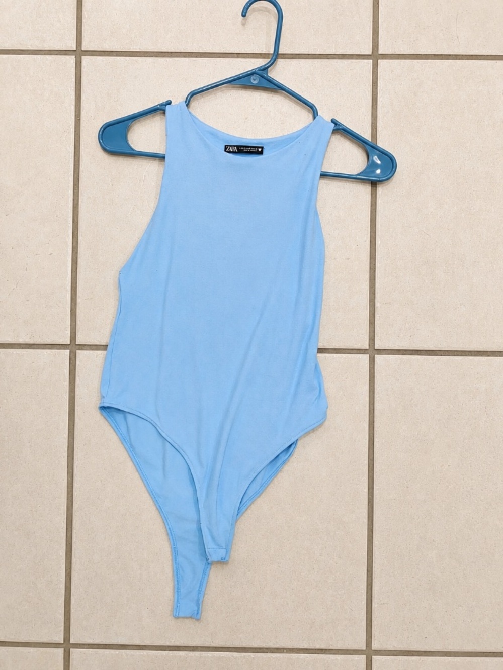 Zara Light Blue High Neck Bodysuit Sleeveless Stretch Tank Top Size Medium